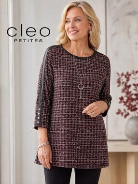 CLEO Tunic Plaid Knit Top ,pleather trim, Red/Blk/Silver Sz XL